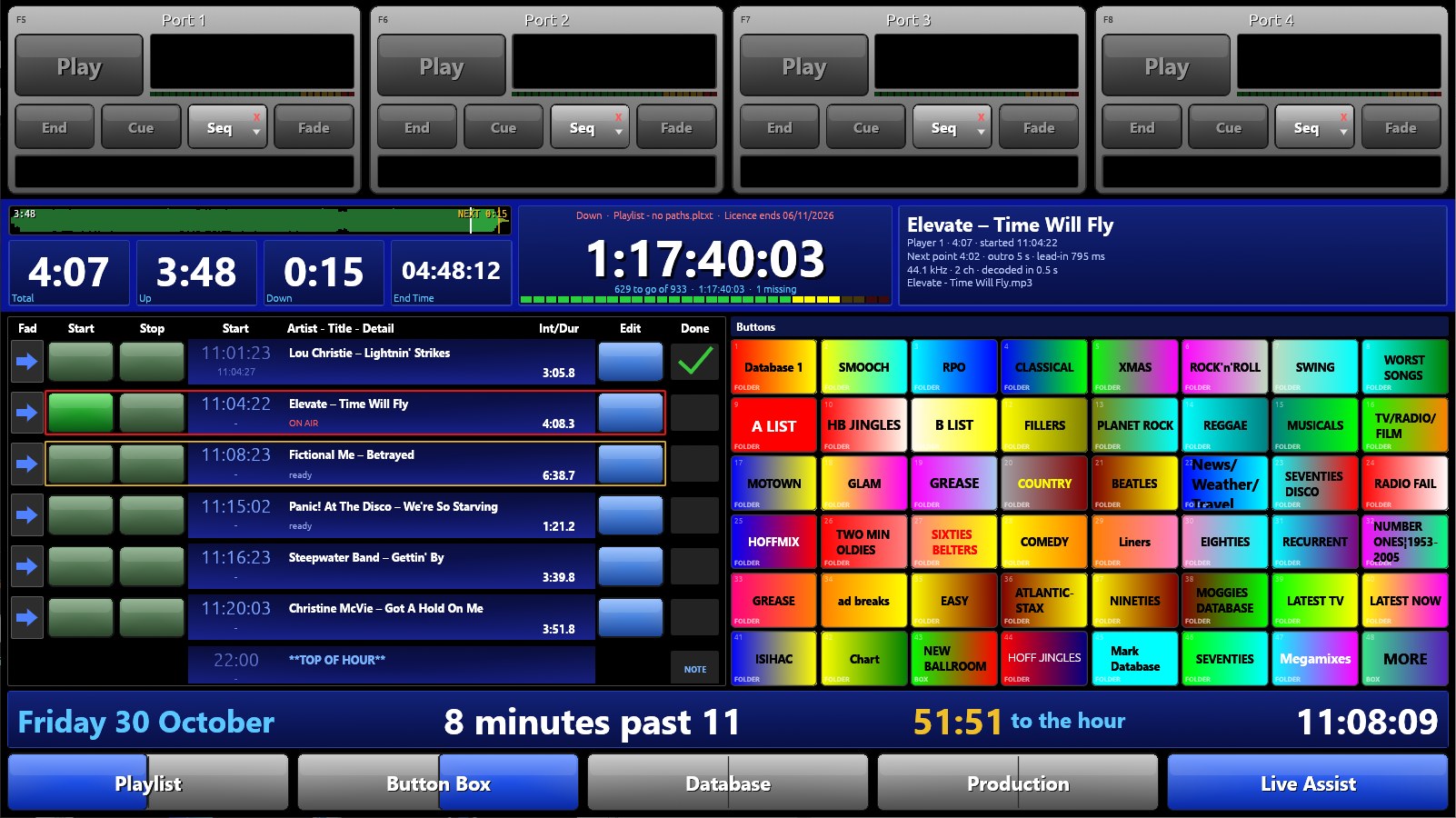 The BCX6 screen: four ports at the top, the playlist on the left with the track on air, a Button Box of colour-coded jingle folders on the right, and the clock bar showing the countdown to the hour.